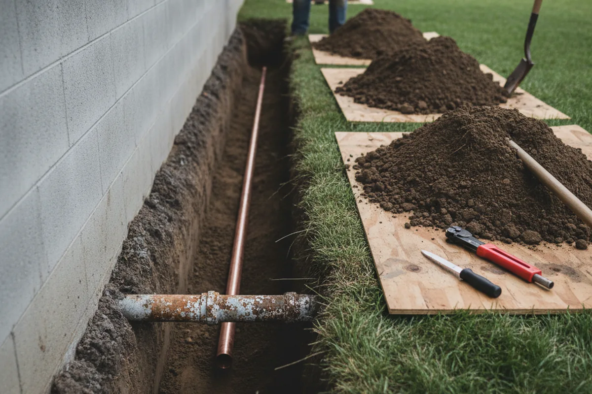Excavated water line trench during Water Softener Installation in Bruner